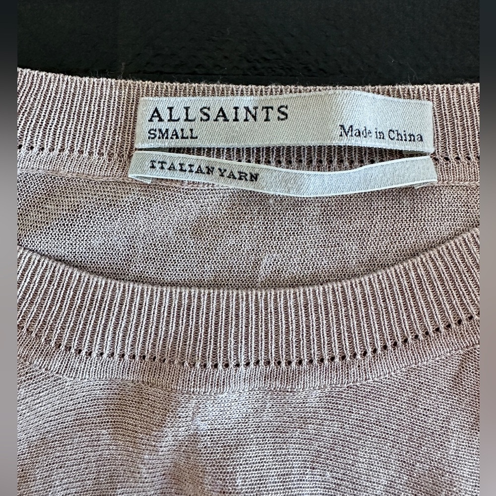 Allsaints Oversized, Sheer, Italian Yarn Sweater. Dusty Rose with gold: S